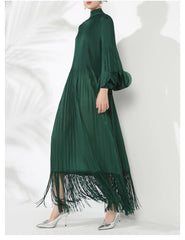 Plissé Pleated Tassel Long Sleeve Midi Dress