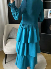 Pleated Lantern Sleeve Ruffle Dress