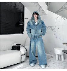 Men's Casual Denim Hoodie Jacket & Jeans Set