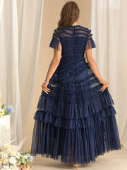 Luxe Navy Blue Lace Tiered Ruffle Chiffon Dress