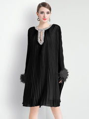 Plisse Crystal Neckline Cocktail Dress