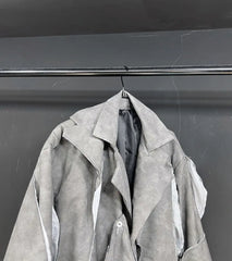 New! Men's Gray Distressed Vegan Leather Trench Coat