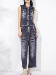 Plissé Pleated Denim-Inspired Pants Set