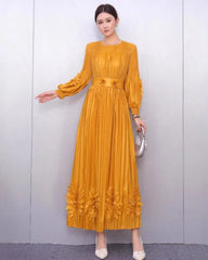 Floral Plissé Long Sleeve Dress