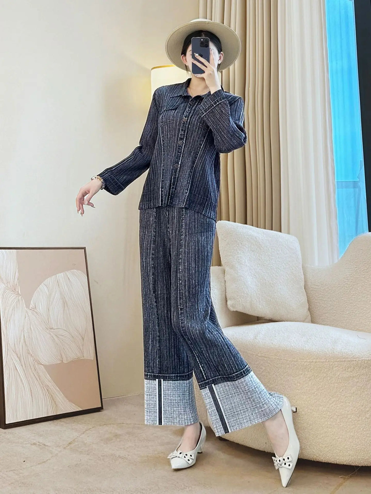 Modern Pleats Denim Wide-Leg Set