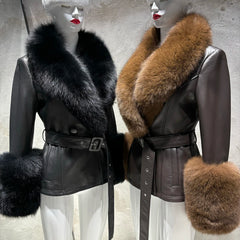 Women's Leather Coat with Fox Fur Collar