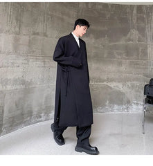 Men's Black Kimono Wrap Wool Long Coat