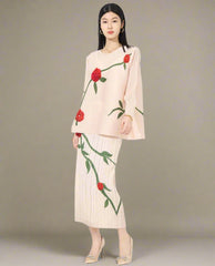 Floral Embroidered Pleated Skirt Set