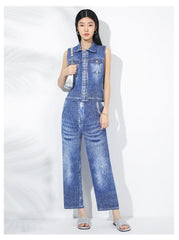 Plissé Pleated Denim-Inspired Pants Set