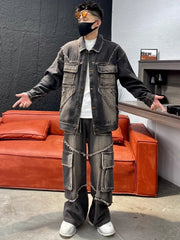 Men's 2 Piece Set Distressed Denim Cargo Jacket & Jeans