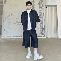 Men's High Society Denim Shirt and Long Shorts Set