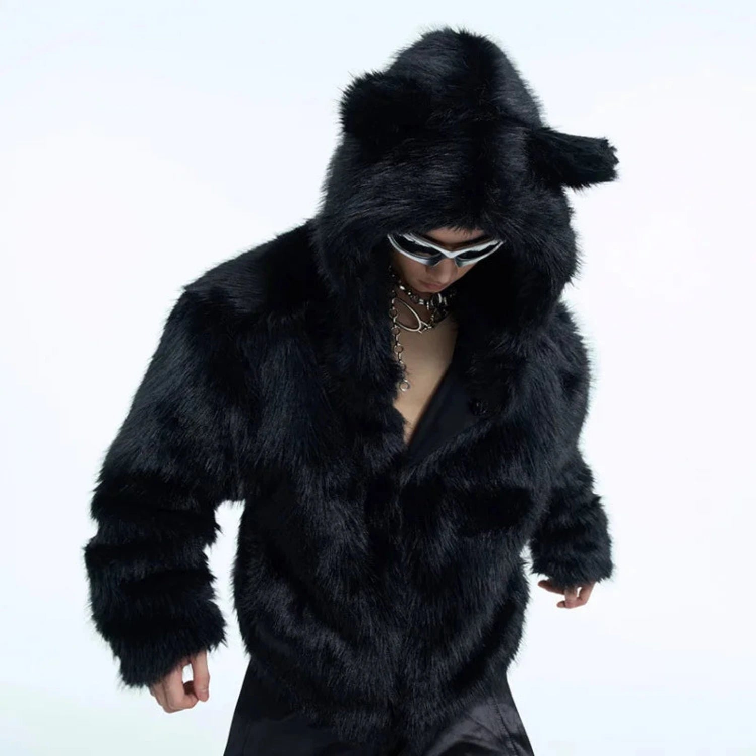 Men s Luxury Streetwear Bear Faux Fur Hooded Jacket Black XL