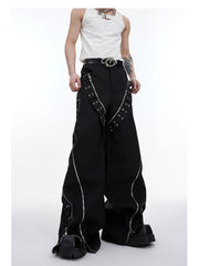 Men's High Streetwear Baggy Black Grommet Belt Pants