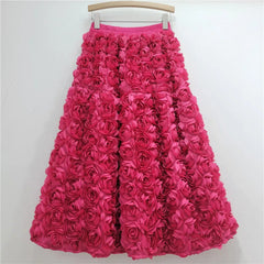 Rose Tulle Romantic Flared Midi Skirt