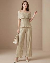 2-Piece Metallic Plissé Pant Set