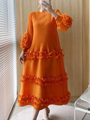 Bella Orange Floral Pleated Sleeve Dress