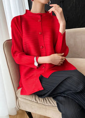 Luxury Red Pleated Asymmetrical Plissé Cardigan