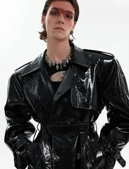 Men's Extra Long Patent Faux Leather Trench Coat