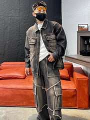 Men's 2 Piece Set Distressed Denim Cargo Jacket & Jeans