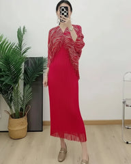 Metallic Plisse Fringe Dress
