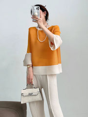 Plissé Round Neck Pleat Blouse Top