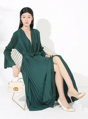 Luxury Pleats Wrap Dress with Sleeves
