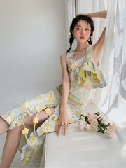 Vintage Chic Luxe Yellow Floral Top & Skirt