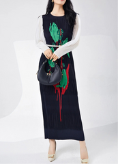 Floral Plissé Long Sleeve Dress