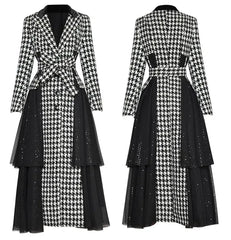 Women's Elegant Houndstooth Long Mesh Coat