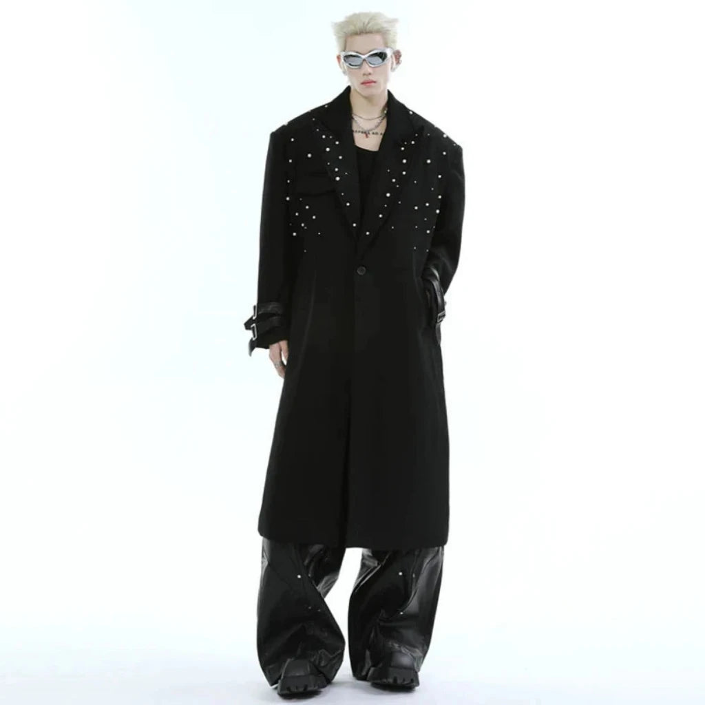 Men's Extra Long Black Trench Coat with Pearls