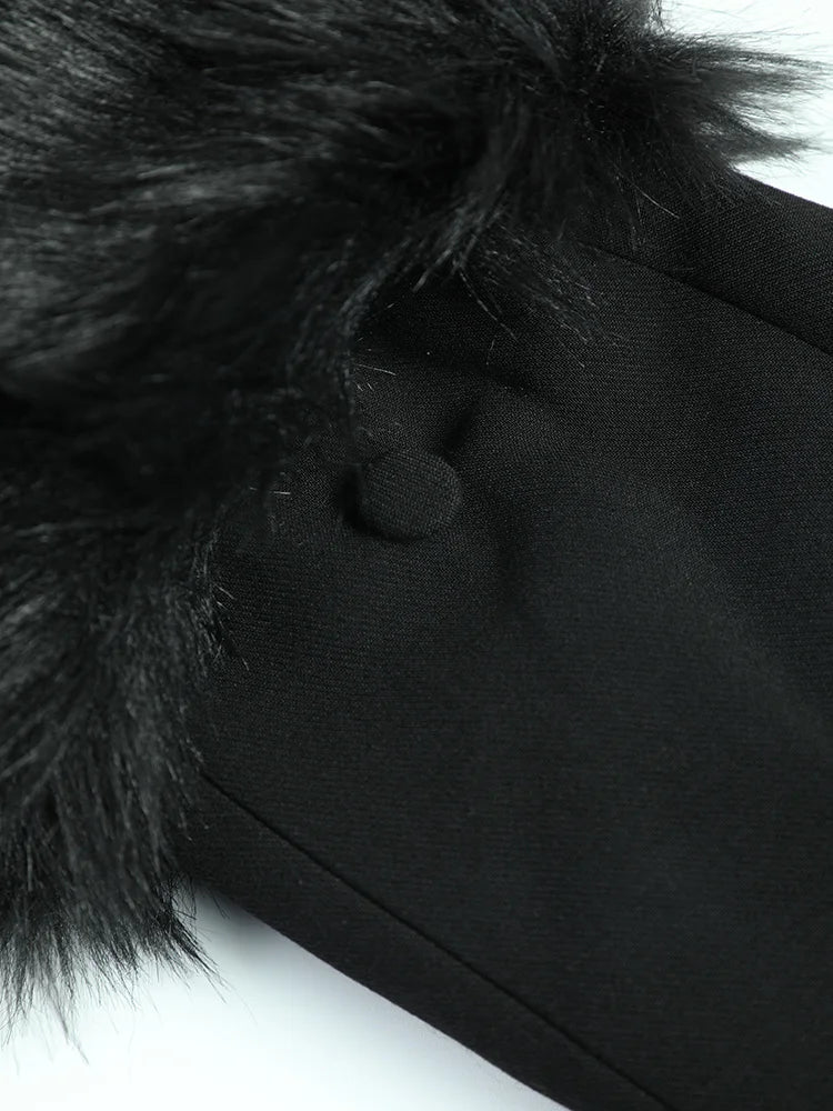 HEYFANCYSTYLE Black Rhinestones Fur-Cuffed Blazer Jacket