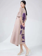 Rose Pleated Cape Sleeve Dress