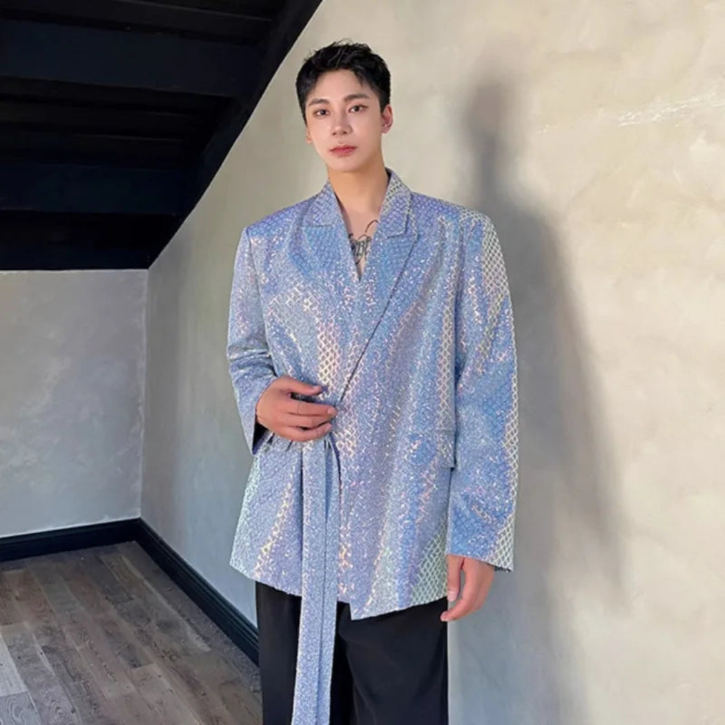 Blue Sequin Kimono Blazer for Men