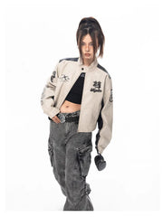 Cropped Faux Leather Jacket with Intricate Embroidery