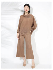 Elegant Beaded Plissé Pleated Sweater & Pant Set