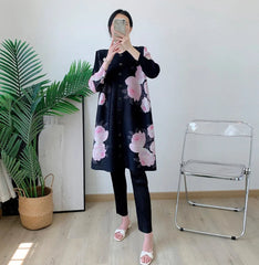 Pleated Plissé Floral Pant & Cardigan