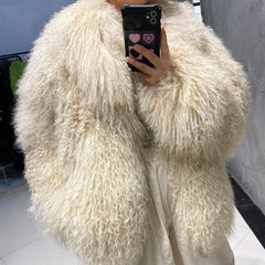 Designer Oversized Shearling Mongolian Fur Coat