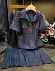 Luxury Plissé Denim Print Skirt Set
