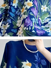 Luxury Floral Midi Dress - Truly Pleated 3/4 Sleeves