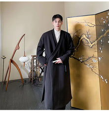 Men's Black Kimono Wrap Wool Long Coat