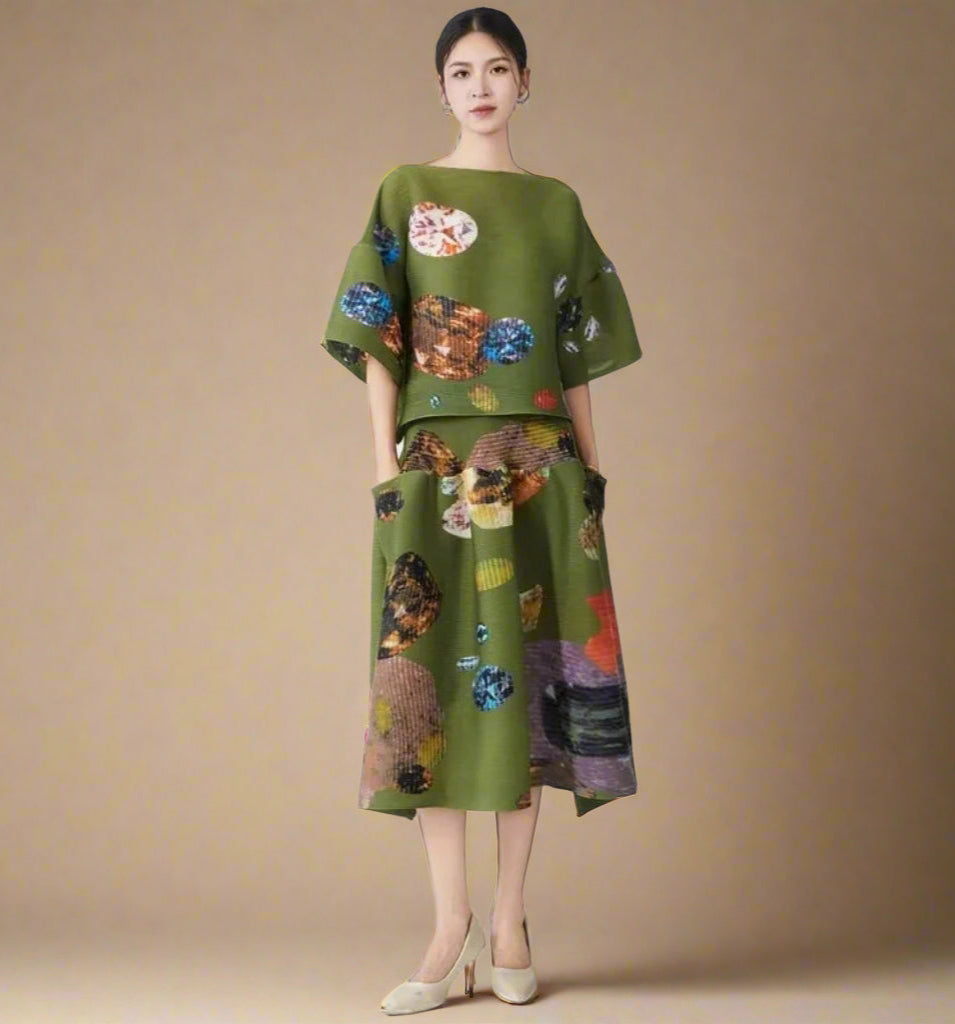 Olive Green Pleated Top & Skirt Set
