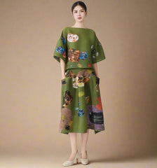 Olive Green Pleated Top & Skirt Set