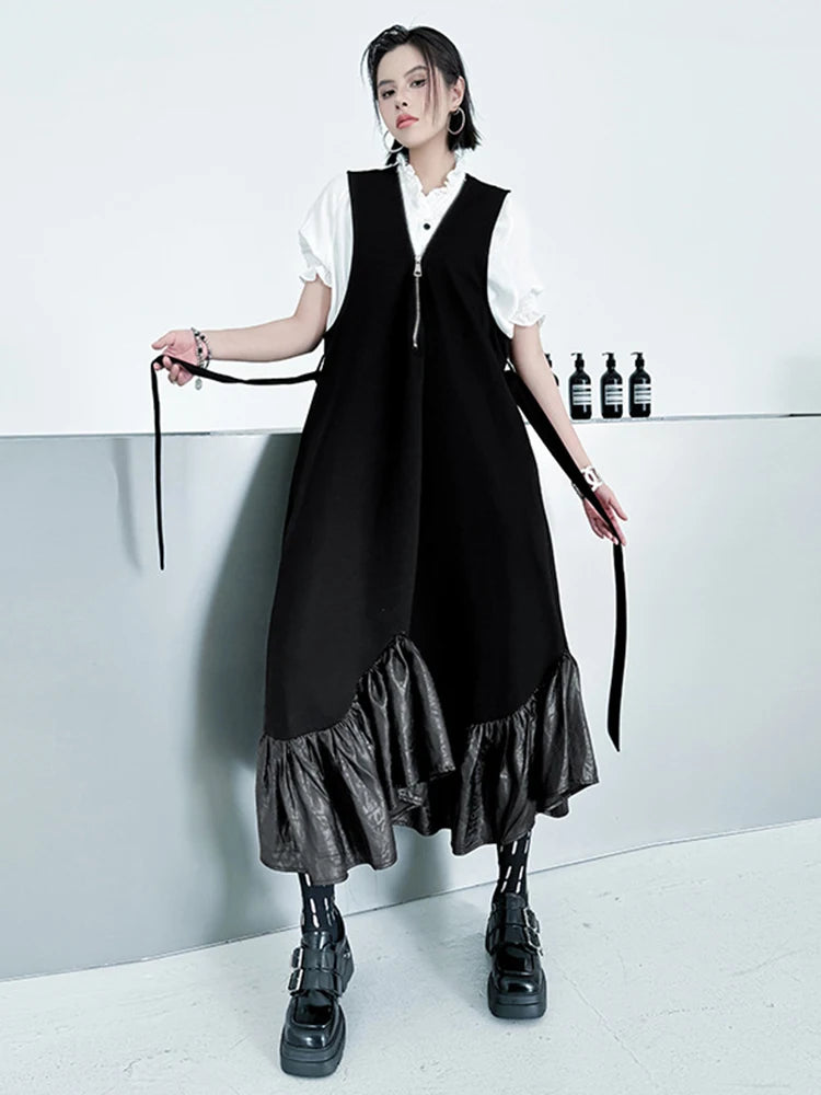 Contemporary Black Midi Dress with Zip-Up Ruffle