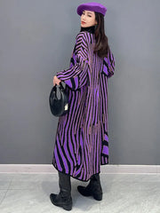 Chic Long Striped Coat: Vibrant Purple and Black
