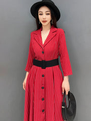 Women's Casual Red Short Sleeve Stripe Long Dress