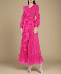 Ruffle Pleated V-Neck Dress