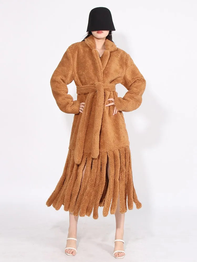 Women's Long Teddy Bear Coat with Tassels