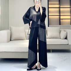 Luxury Pleated Cardigan Top with Wide-Leg Trousers