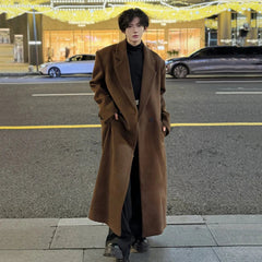 Men's Brown Extra Long Wool Blend Coat