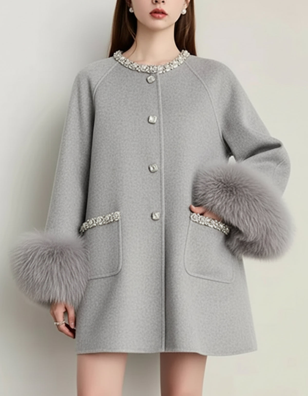 Luxury Woolen Faux Fur Coat